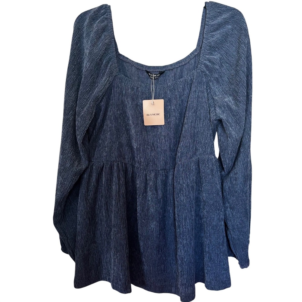 Bloomchic Women's Long Sleeve Top14/16 NWT Blue Textured Smocked Fabric